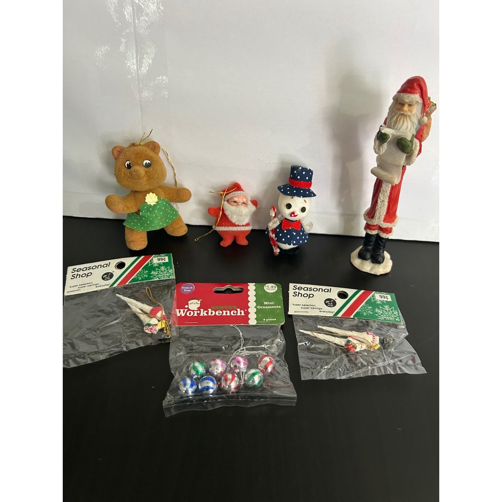Bulk Lot Christmas Ornaments Vintage Flocked Santa Snowman Bear Mini Balls